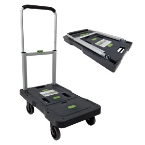 TRUTZHOLM Plattformwagen, klappbar, mit Teleskopstange und 150 kg Traglast, in aufgebautem und zusammengeklapptem Zustand.