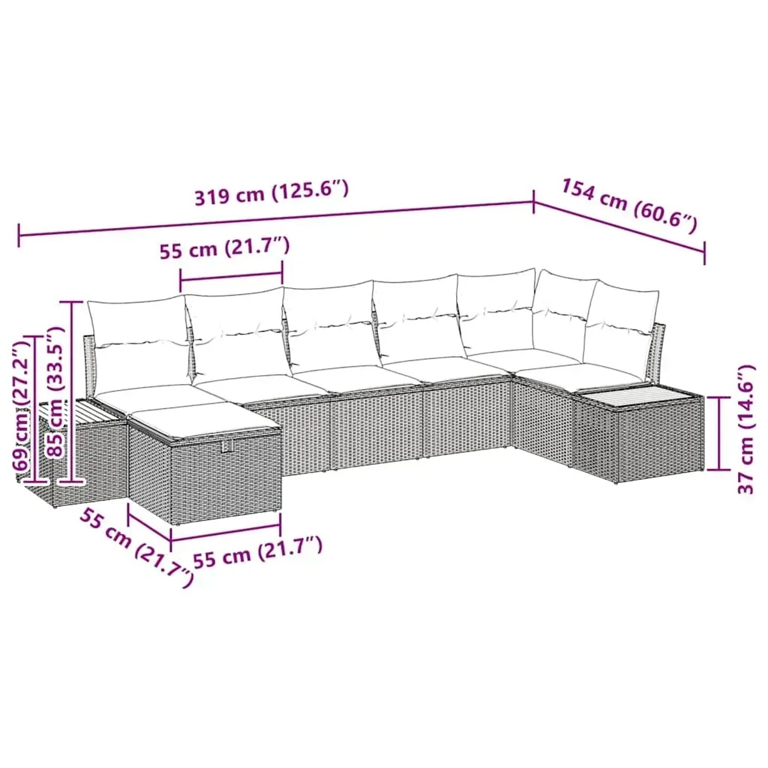 vidaXL Gartenmöbel-Set, 7-teilig, schwarz, Poly Rattan, mit Maßen. Ideal für Terrasse und Garten.