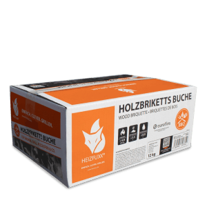 Heizfuxx Nestro Hartholz Buchenbriketts im orange-weißen 12kg Karton. Ideal für Kamin, Grill und Pizzaofen.