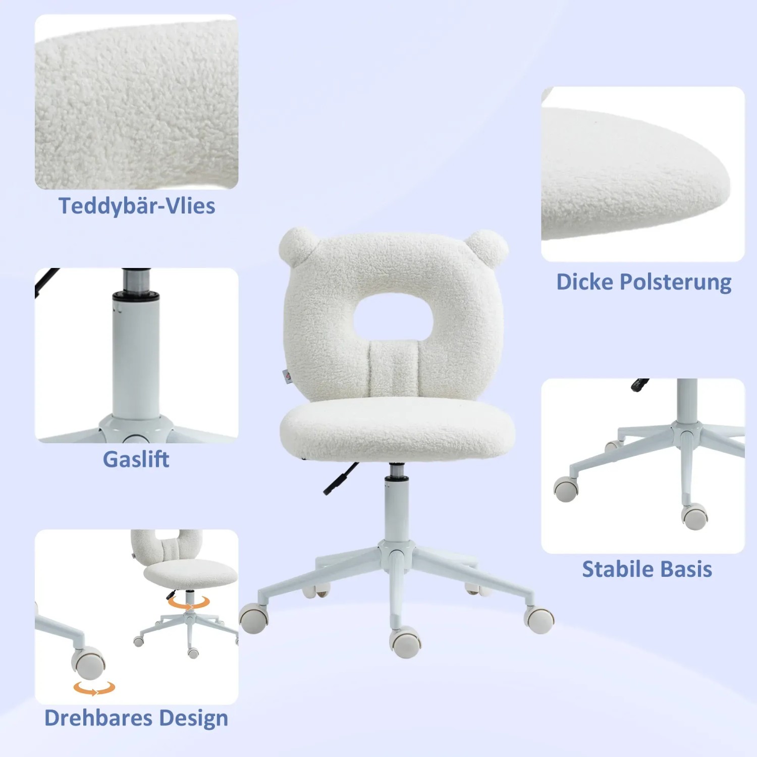 Weißer HOMCOM Bürostuhl mit Teddy-Vlies Bezug, höhenverstellbar und drehbar. Niedliches Bärendesign.