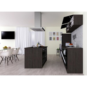 Respekta Premium Inselküche 310 cm, Schwarz Hochglanz/Eiche Grau, mit Kochinsel und Elektrogeräten.