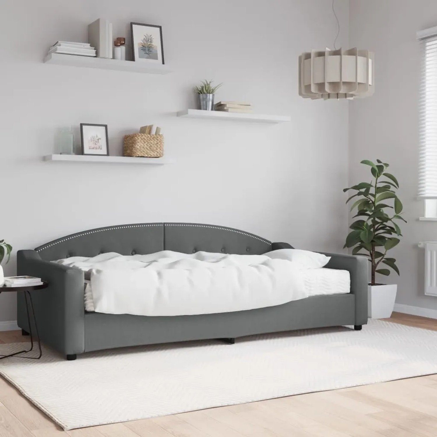 Dunkelgraues vidaXL Tagesbett mit Matratze (100x200 cm) im Schlafzimmer.