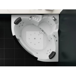Weißer Eckwhirlpool Villa Carlotta 140cm mit Massagedüsen, schwarzen Kopfstützen und Armaturen.