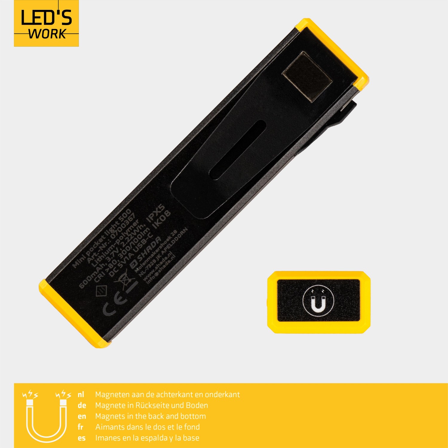 LED's Work Akku-Taschenlampe, Rückseite mit Clip und Magnet, ideal für Baustelle & Werkstatt.