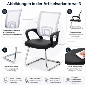Weißer Konferenz- & Bürostuhl mit schwarzem Kunstledersitz, atmungsaktiver Netzlehne, verchromtem Freischwinger-Gestell.