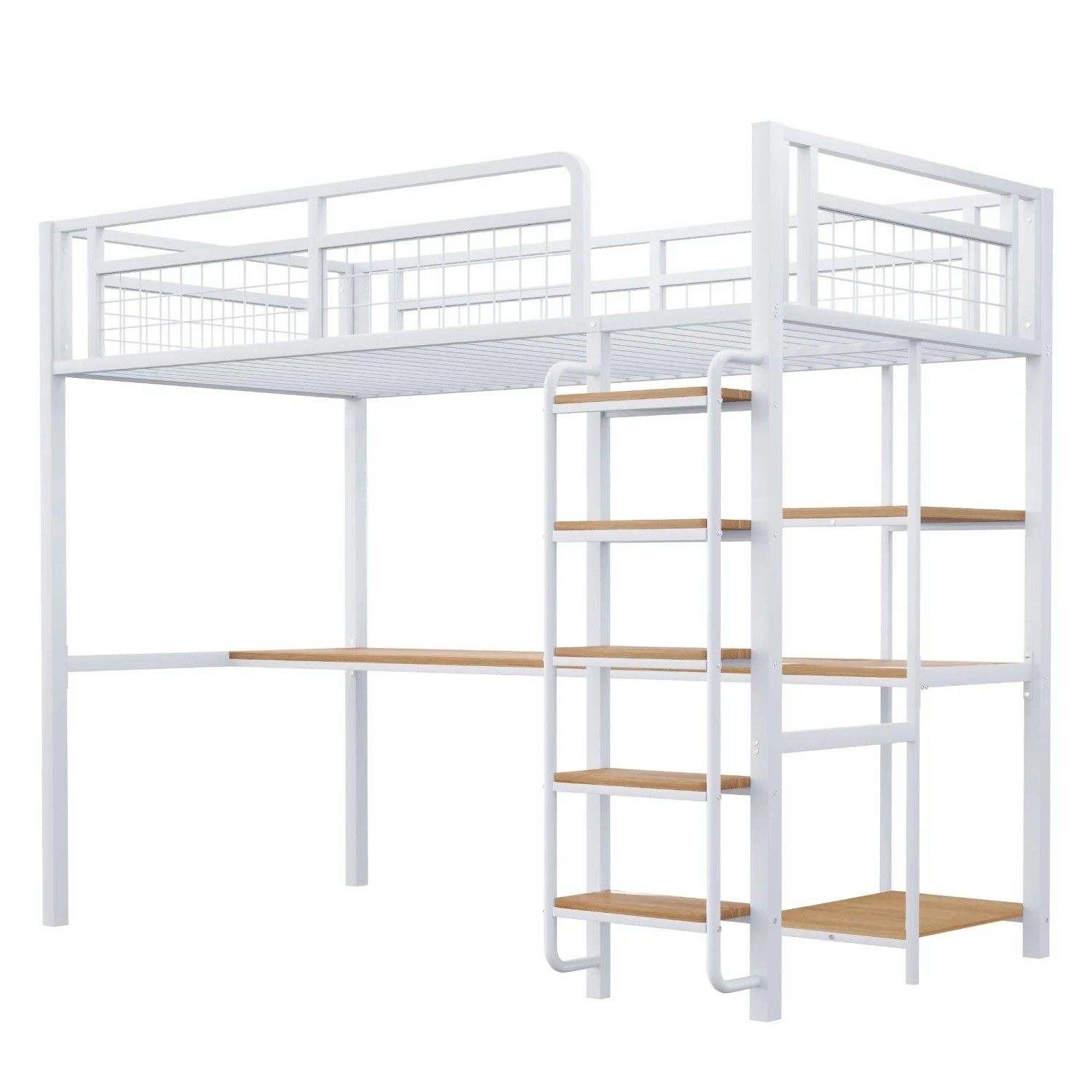 okwish Metall Hochbett 90x200cm mit Leiter Tisch und Regalen Weiß ohne Matratze