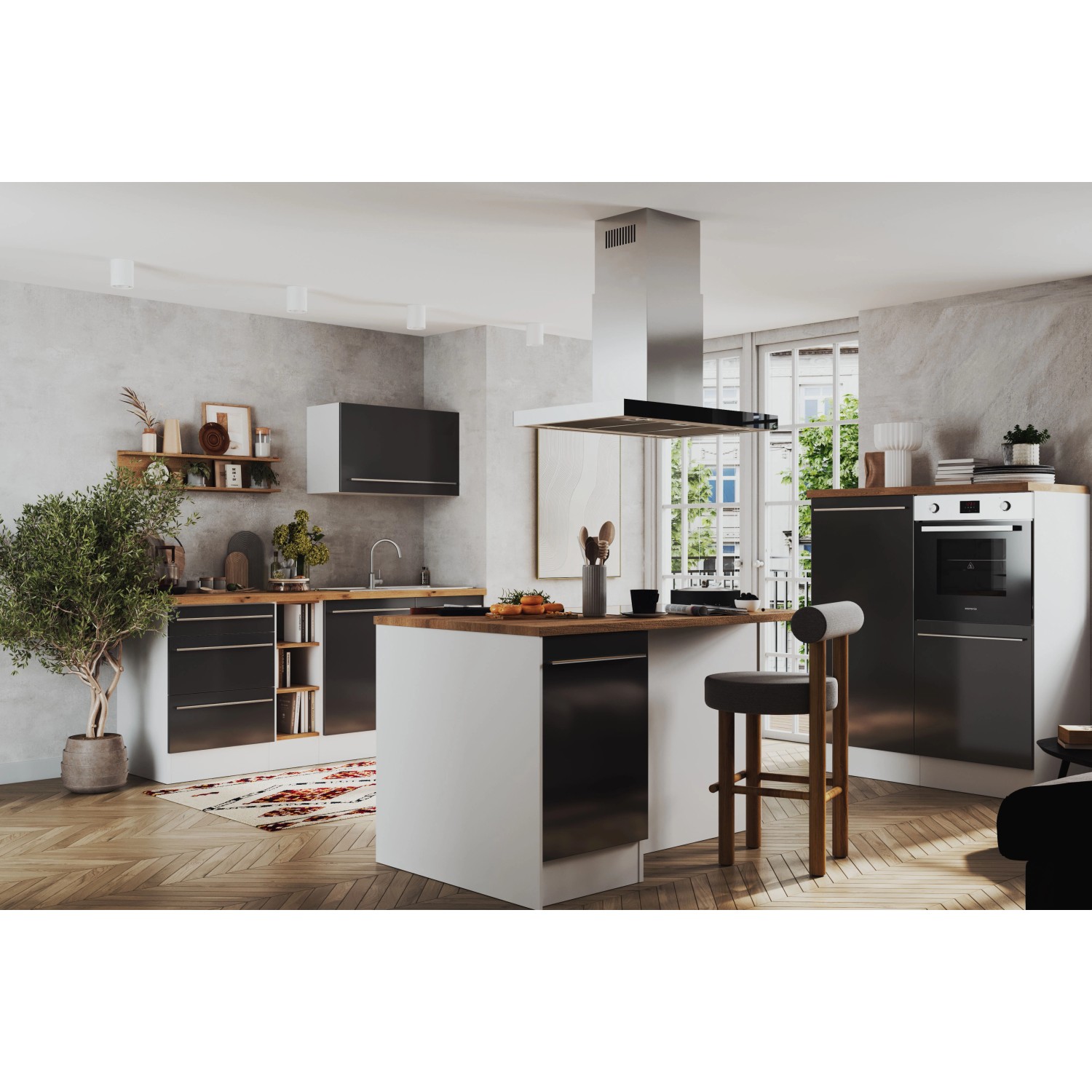 Respekta Inselküche Gabriel 320 cm Grau Hochglanz mit Kochinsel und Elektrogeräten.