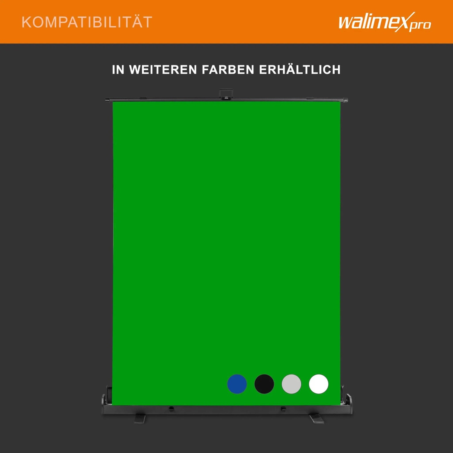 Walimex Pro Roll-Up Fotohintergrund in Grün mit stabiler Basis. Auch in Weiß, Blau, Schwarz, Grau erhältlich für Fotostudio.