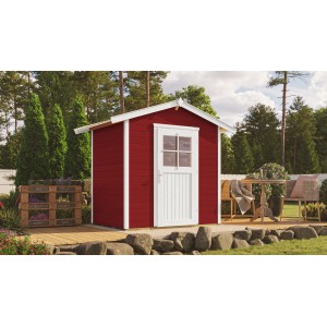 Lasiertes, rot-weißes OBI Holz-Gartenhaus Monza mit Satteldach und weißer Tür im Garten.