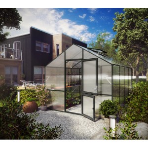 KGT Gewächshaus Lilie, 9,59 m², Anthrazit-Grau, mit geöffneter Tür im Garten.
