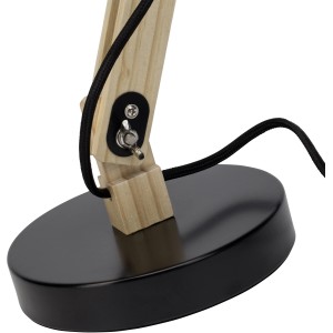 Detailansicht der schwarzen Brilliant Tischlampe Moda mit Holzapplikationen und Schalter.