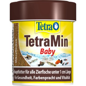 TetraMin Baby Aufzuchtfutter im braunen Behälter mit gelbem Etikett und Fischen.