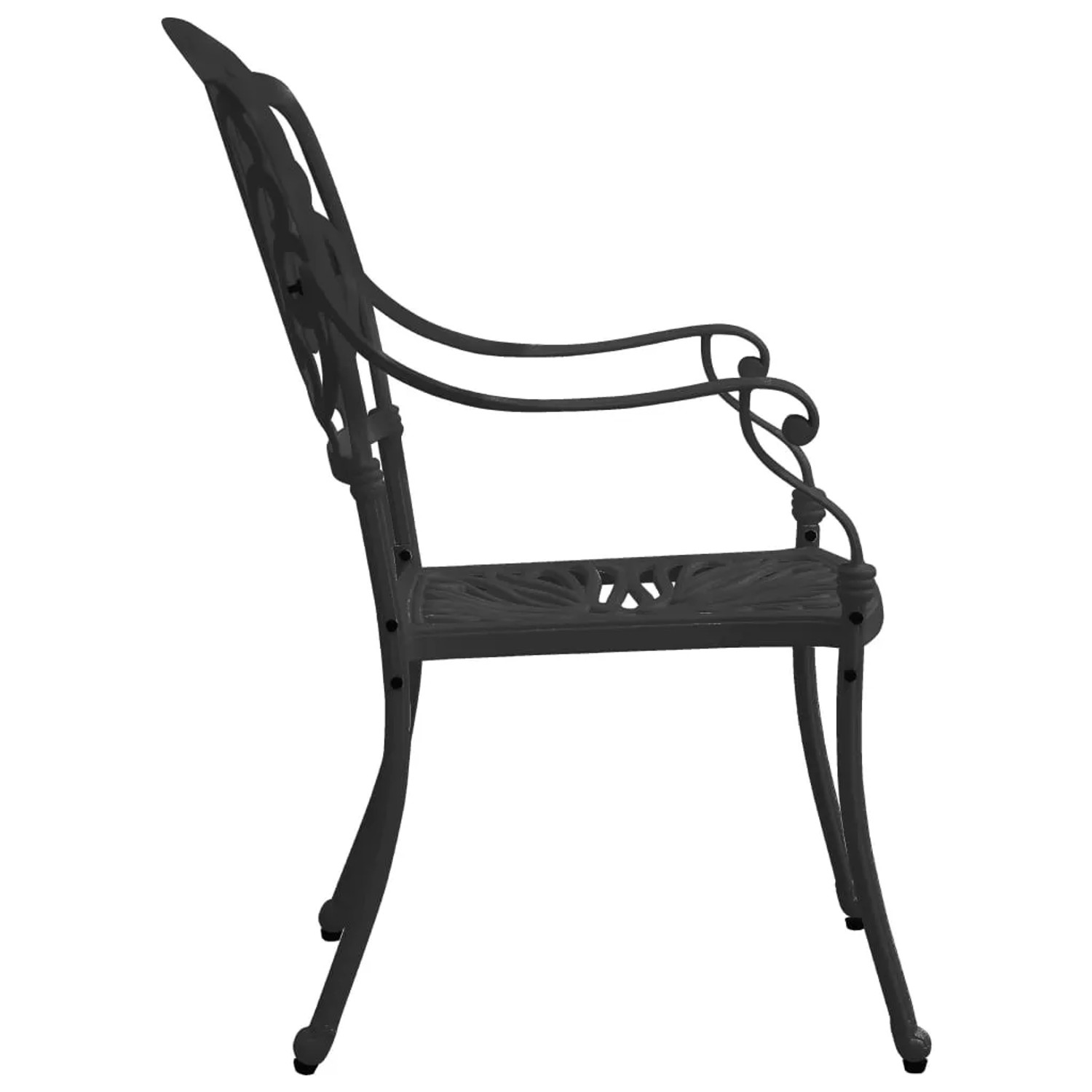 Schwarzer Gartenstuhl aus Aluminiumguss, Teil des 3-tlg. Bistro-Sets.