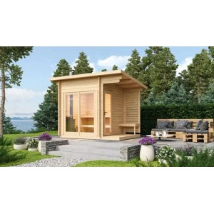 FinnTherm Saunahaus Lizzy S aus naturbelassener Fichte mit Verglasung und überdachter Terrasse.