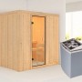 Woodfeeling Sauna Tromsö mit Ofen und Glastür, Massivholzsauna für Zuhause.