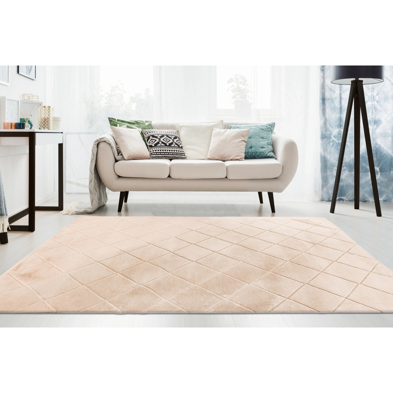 Beiger Lalee Teppich Impulse, 80x150 cm, Kurzflor mit gestepptem Muster und Kaninchenfell-Haptik.