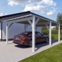 Holzbrüder Einzelcarport Ralf in Reinweiß mit schwarzem Blechdach und geparktem Auto.