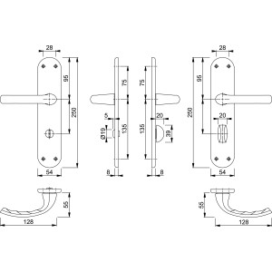 Technische Zeichnung: Hoppe Renovation-Garnitur Tokyo Alu Stahl WC, Maße und Details für Türbeschläge.