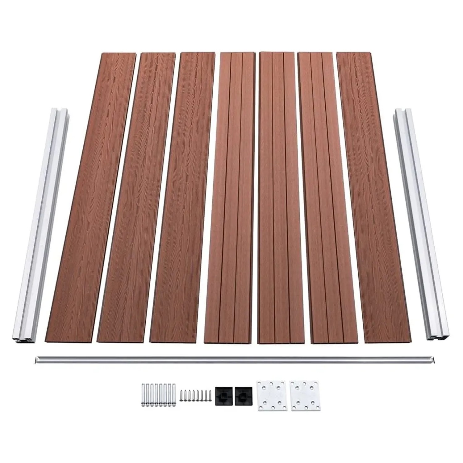 Braunes vidaXL WPC Zaunelement Set mit 7 Brettern, 2 Pfosten, Aluminiumleiste und Montagezubehör für Sichtschutzzäune.