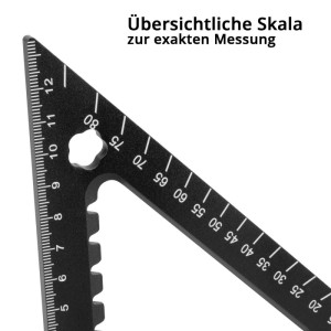 Schwarzes STAHLWERK Aluminium-Winkeldreieck mit klarer, lasergeätzter Skala für präzises Messen und Anreißen.