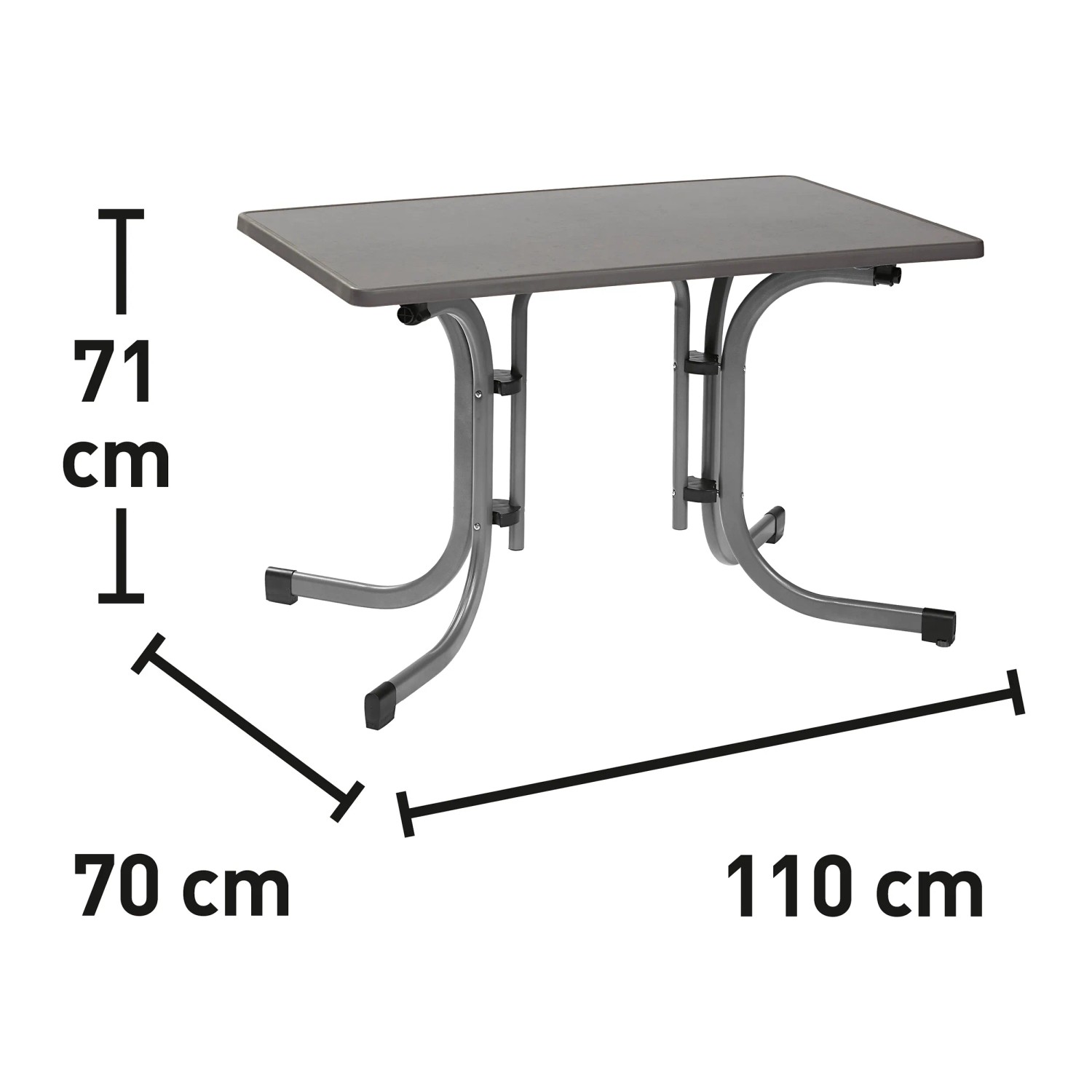 Grauer Gartentisch Vigo, rechteckig, 70x110 cm, mit Maßangaben. Klappbarer Tisch mit Stahlgestell.