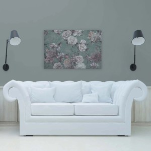 Leinwandbild mit Rosenmuster in Grün und Grau, Vintage Wandbild für Wohnzimmer, 120x80 cm.