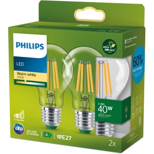 2er-Set Philips LED E27 Leuchtmittel in Glühlampenform, 2,3W, 485lm, warmweiß.