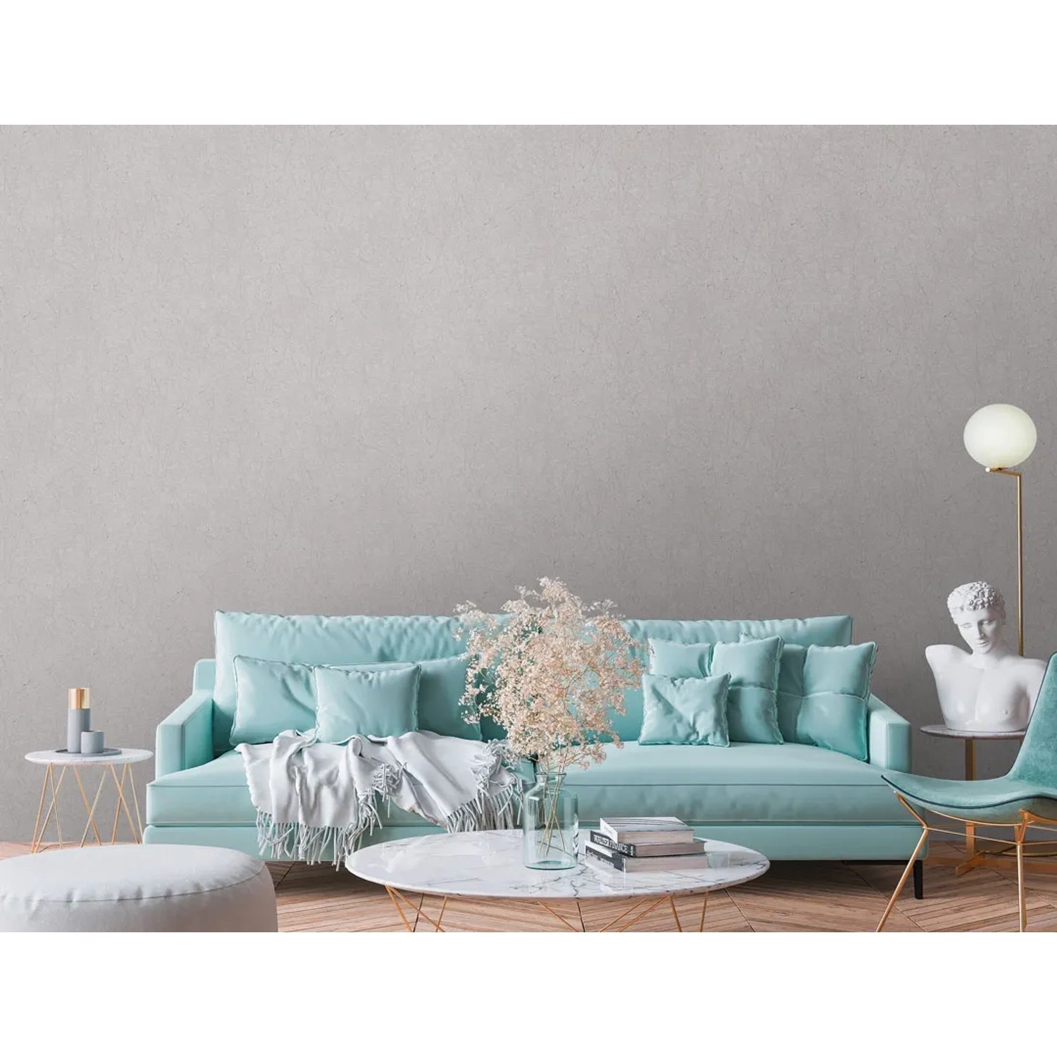 AS-Creation Vliestapete Struktur Metallic Grau Silber an Wand im Wohnzimmer.