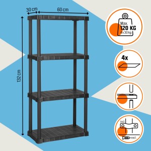 OBI Kunststoff-Steckregal XS Schwarz, 132x60x30 cm, mit 4 Böden und 120 kg Tragkraft.