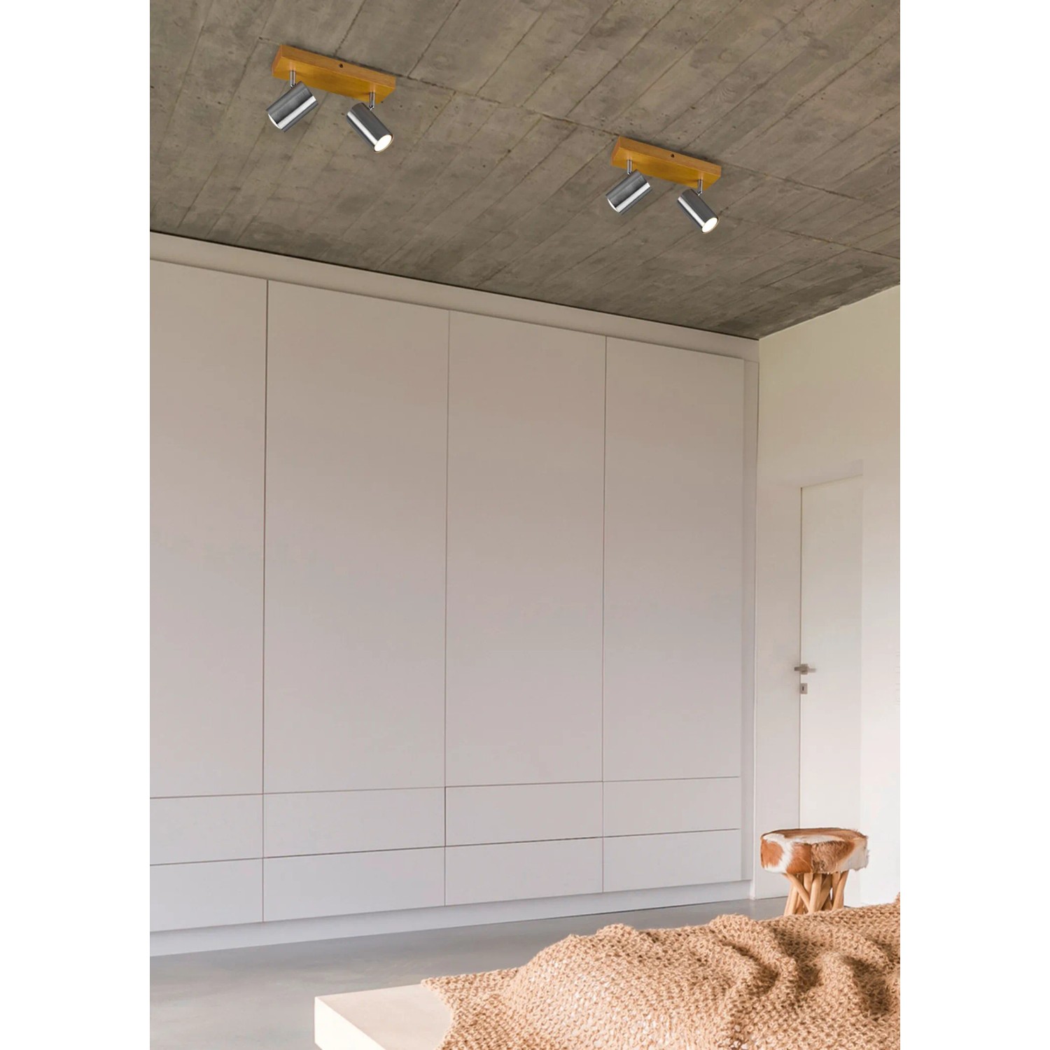 Trio Strahler Marley, 2-flammig, Nickel matt, Holz, Deckenspot für Wohn- und Schlafzimmer.