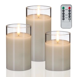 Relaxdays LED Kerzen 3er Set im Glas mit Fernbedienung, Echtwachs, warmweiß und flackernd.