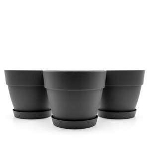 3er Set anthrazitfarbene Blumentöpfe mit Untersetzer, Ø 35 cm, für Innen- und Außenbereich.