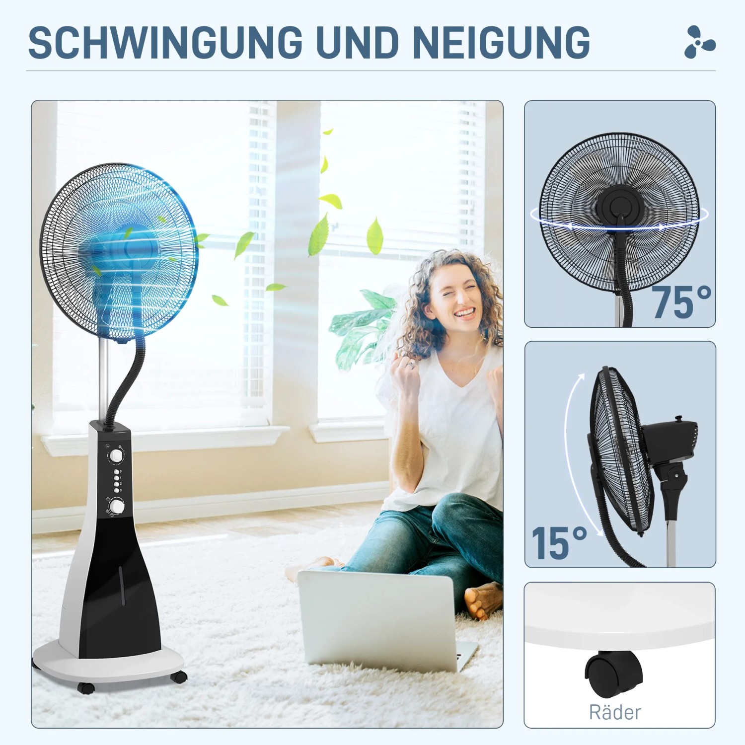 Schwarzer HOMCOM Standventilator aus Metall und ABS mit Oszillation, Neigung und Rädern.