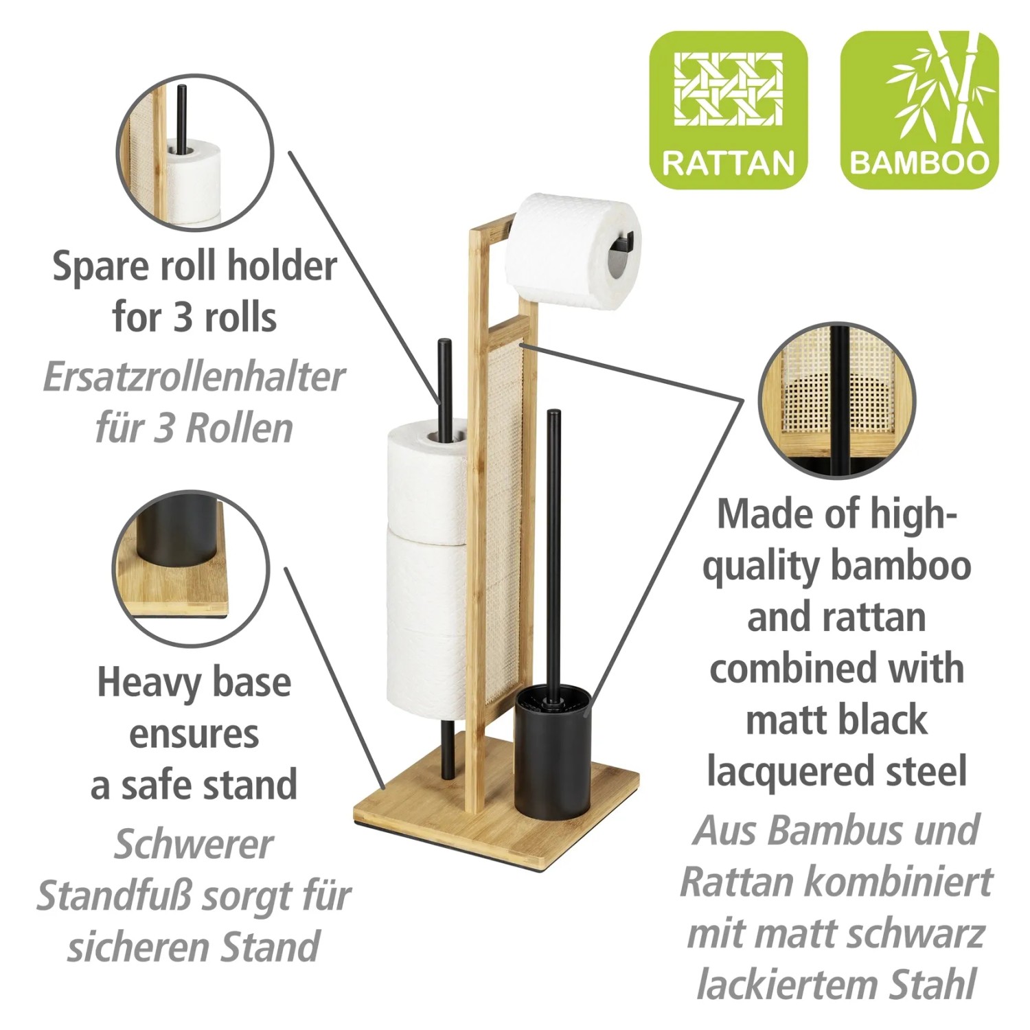 WENKO Stand WC-Garnitur Rivalta Allegre aus Rattan und Bambus mit WC-Bürste und Papierhalter.