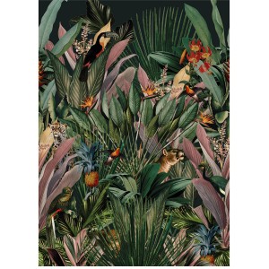 Fototapete Aaliyah: Dschungel-Motiv mit Tukan, Leopard und üppiger Vegetation.