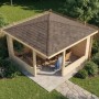 Unbehandeltes Alpholz Gartenhaus Maik-40 mit Spitzdach und Anbaudach im Garten.