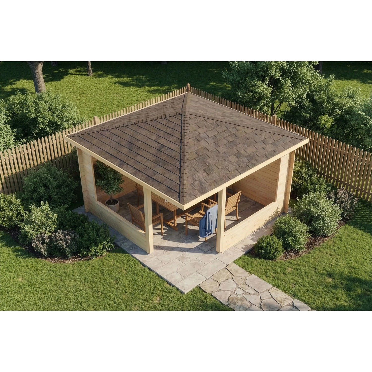Unbehandeltes Alpholz Gartenhaus Maik-40 mit Spitzdach und Anbaudach im Garten.