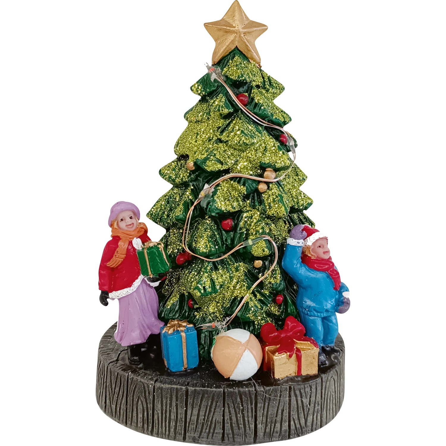 OBI Weihnachtsdorf Figur: Kinder schmücken glitzernden Weihnachtsbaum mit Geschenken. Mehrfarbige Polyresin Deko.