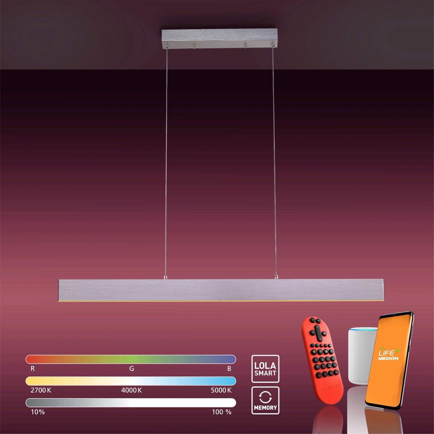 Smarte LED-Pendelleuchte LOLAsmart-Nila aus Aluminium, mit Fernbedienung und Smartphone.