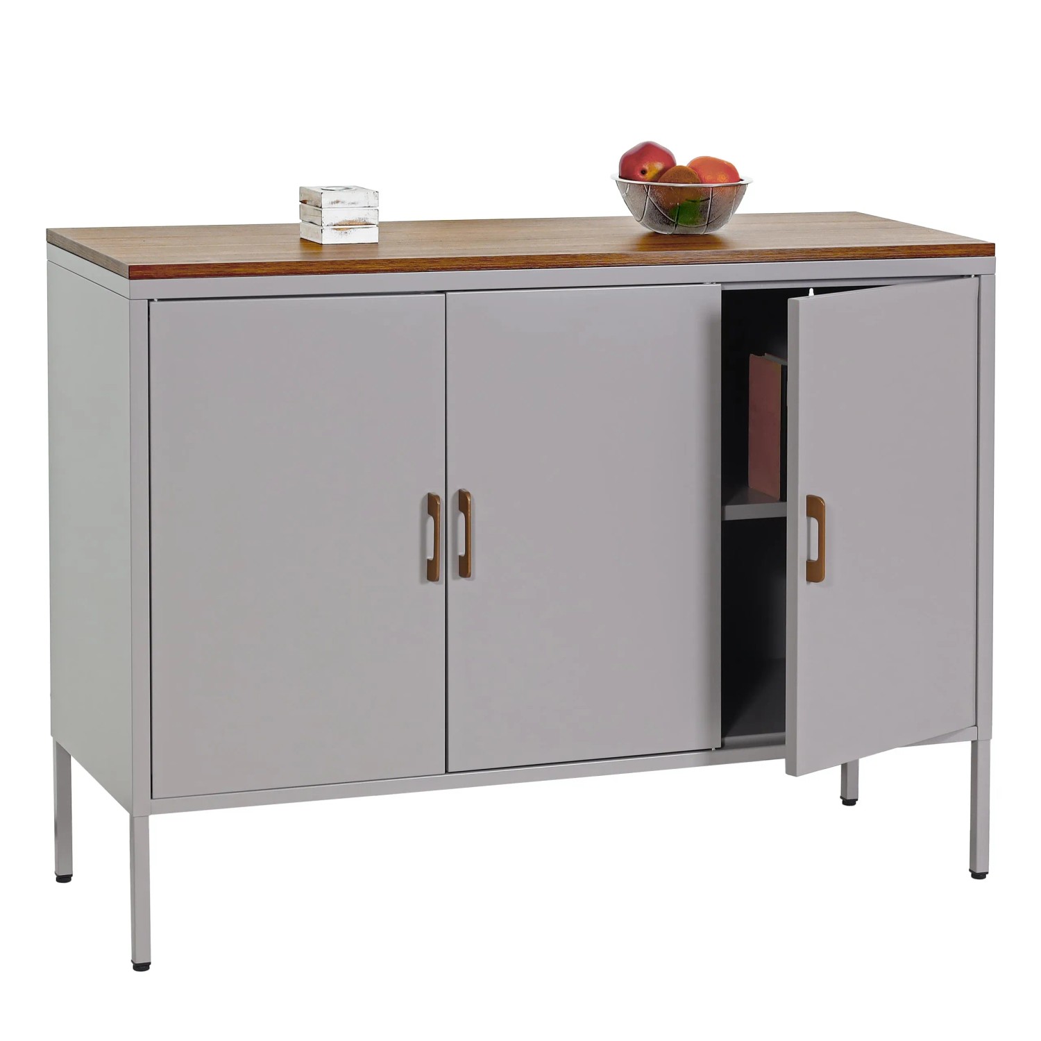 Graue MCW Kommode L84-3 mit drei Türen, Holzplatte und Metallbeinen. Schubladenkommode mit Stauraum.
