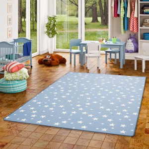Blauer Snapstyle Kinderteppich mit Sternenmuster, 100x100 cm. Kurzflorteppich für Kinderzimmer.