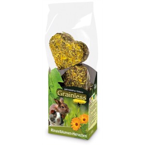 JR Farm Grainless Ringelblumen-Herzen, getreidefreies Nager-Ergänzungsfutter im transparenten Beutel.