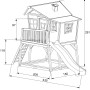 Skizze: Axi Spielhaus Max mit Leiter, Rutsche und Sandkasten. Maße sind eingezeichnet.