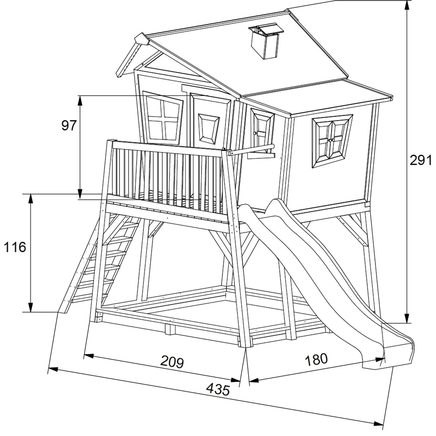 Skizze: Axi Spielhaus Max mit Leiter, Rutsche und Sandkasten. Maße sind eingezeichnet.