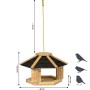 Vogelhaus Zwart aus hellem Massivholz mit schwarzem Bitumendach, Futtertablett und gelber Aufhängung für Vögel.