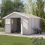 Grosfillex Kunststoff-Gartenhaus Deco H 11 in Graugrün mit Doppeltür und Gartengeräten.