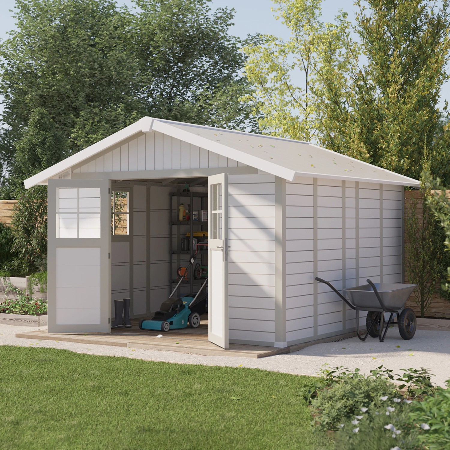 Grosfillex Kunststoff-Gartenhaus Deco H 11 in Graugrün mit Doppeltür und Gartengeräten.