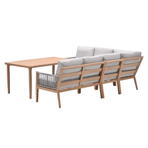 5-teiliges Lounge-Dining Set Sardinia in heller Teakholzoptik mit Tisch und Eckbank.
