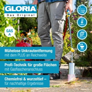 Gloria Thermoflamm bio Professional Plus Unkrautbrenner mit Druckminderer und Gasflasche im Einsatz.
