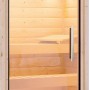 Karibu Sauna Stina mit Glastür und Ofen. Elementsauna mit externer Steuerung.